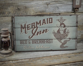 Mermaid Inn Sign, Mermaid Decor, Sailors Welcome Sign, Beach House Sign, Beach Cottage Decor, Rustic Beach Sign - Handmade Wooden Sign