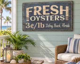 Fresh Oysters Sign, Personalized City Name Wood Decor, Rustic Coastal Seafood Kitchen Wall Hanging, Oyster Bar Beach Gift