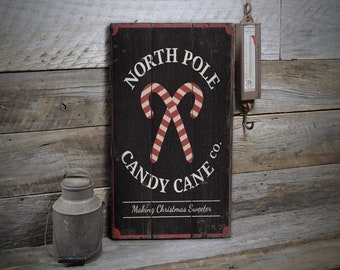 Nordpol Weihnachten, Candy Cane Decor, Weihnachtsschild, Weihnachtsdekor, hölzernes Verkaufsdekor, hölzernes Wanddekor - altes Holzschild
