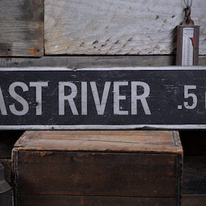 East River Arrow Mileage Wood Sign, Personalized Lake Location Name Distance Wall Decor - Rustic Hand Made Vintage Wooden Sign Decor