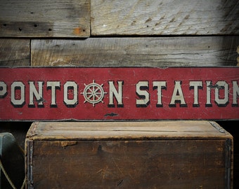 Distressed Pontoon Station Boat Dock Sign - Rustic Hand Made Vintage Wooden Sign Decor