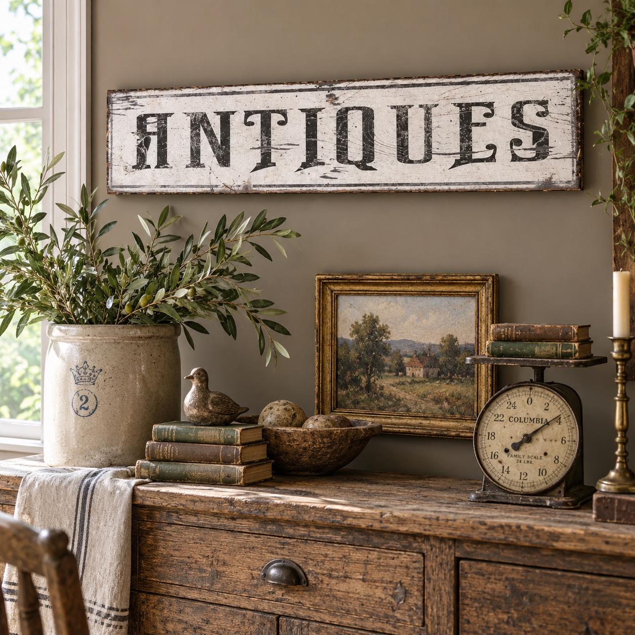 Antiques Sign, Rustic Primitive Wood Decor, Vintage Shop Style