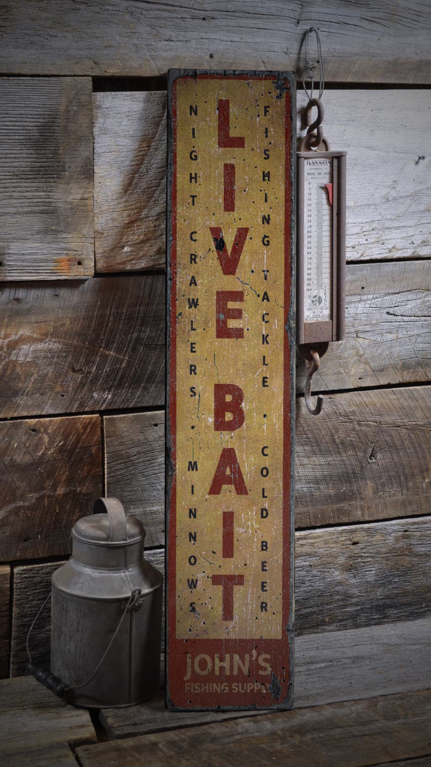 Live Bait Sign, Vertical Bait Shop Sign, Custom Wood Sign for Bait Shop Gift, Fishing Sign, Rustic HandMade Vintage Wooden Sign