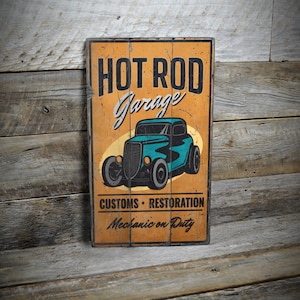Hot Rod Garage, Mechanic On Duty, Hotrod Sign, Custom Car Sign, Mechanic Gift, Garage Wooden Sign, Vintage Style Sign - Handmade Wooden Sign