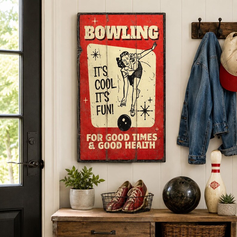 May include: A rectangular wall sign with a red background and a cream-coloured centre panel featuring a black illustration of a person bowling. The text reads BOWLING IT'S COOL. IT'S FUN! FOR GOOD TIMES & GOOD HEALTH in black and white lettering.