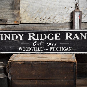 Custom Ranch Est Date City State Sign - Rustic Hand Made Distressed Wooden Signs