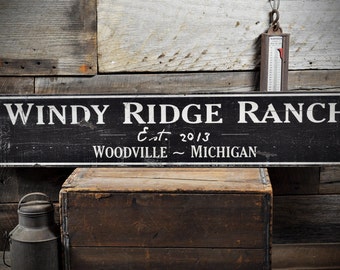 Custom Ranch Est Date City State Sign - Rustic Hand Made Distressed Wooden Signs