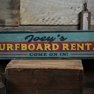 Surfboard Rental Wood Sign, Personalized Come On In Arrow Businesss Name Decor, Beach Gift - Rustic Hand Made Vintage Wooden Sign Surfer
