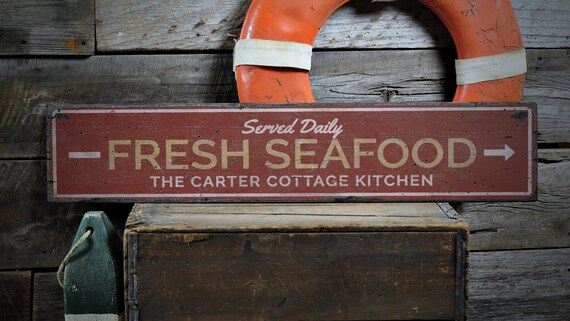 Seafood Sign, Wood Seafood Lover Gift, Custom Cottage Fresh Seafood Sign, Rustic Beach Kitchen Decor, HandMade Vintage Wood Sign Decor