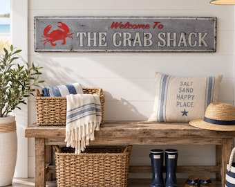 Znak „Crab Shack”, witamy w rustykalnej dekoracji z drewna z owocami morza, dekoracja ścienna do kuchni w stylu vintage z motywem domku na plaży, prezent marynistyczny na bar na pokładzie