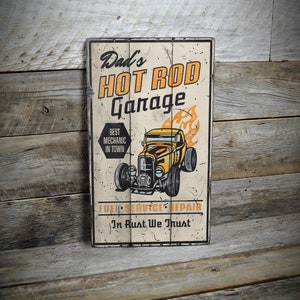 Hot Rod Garage Sign, Vintage Garage Decor, Gift For Dad, Mechanic Gifts, Retro Man Cave Decor, Handmade Wooden Sign - Rustic Style Sign