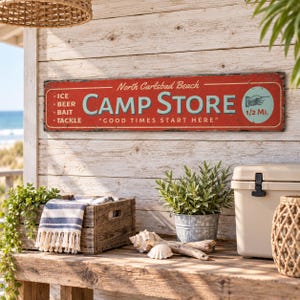 Camp Store Sign, Personalized Campground Name Wood Decor, Rustic Bait Tackle Cabin Wall Hanging, Gift Idea image 1
