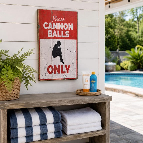A big distressed-wood pool rules sign with a specific 'Cannon Balls Only' attitude — custom, handmade, and exactly the vibe a pool owner wants by their gate.