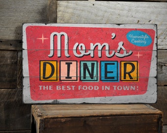 Mom's Diner Sign, Retro Kitchen Sign, Home Diner Decor, Best Food In Town, Homestyle Cooking, Handmade Wooden Sign - Rustic Diner Decor