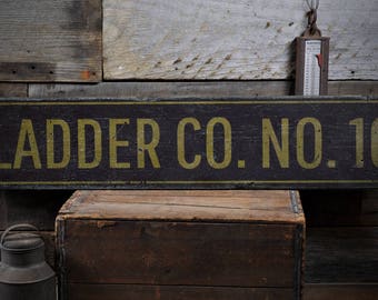 Ladder Co Sign, Wood Ladder Decor, Ladder Number Sign, Custom Fireman Gift, Firehouse Number Decor, HandMade Vintage Wood Sign Decor