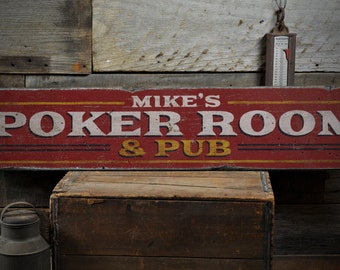 Poker Room & Pub Wood Sign, Personalized Game Room Sign, Custom Family Name Man Cave Decor - Rustic Hand Made Vintage Wooden Sign Decoration