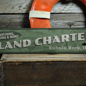 Island Charters Wood Sign, Personalized Beach Location City State Sign, Beach House Decor - Rustic Hand Made Vintage Wooden Sign
