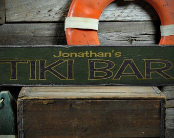 Tiki Bar Name Wood Sign, Personalized Bartender Bar Owner Name Sign, Beach Bar Decor - Rustic Hand Made Vintage Wooden Sign