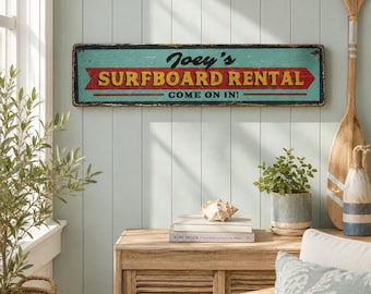 May include: A rectangular horizontal wall sign with a distressed teal background, a red arrow graphic, and yellow text that reads Joey's SURFBOARD RENTAL COME ON IN! The sign features a weathered finish with visible dark edges and a vintage aesthetic.