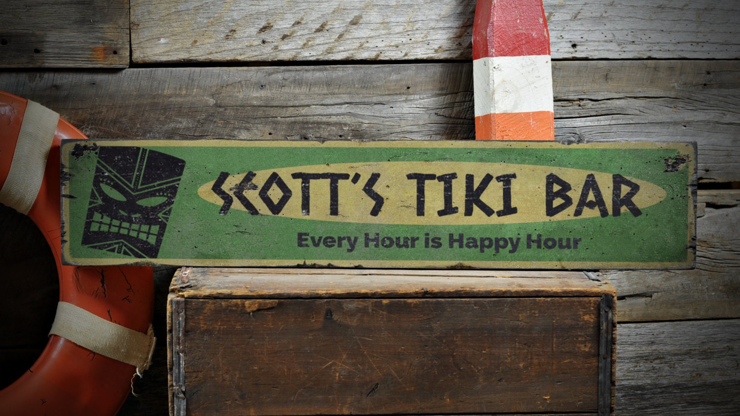 Tiki Bar Wood Sign, Custom Bartender Name Sign, Every Hour Is Happy Hour Beach Bar Decor - Rustic Hand Made Vintage Wooden Sign Decoration