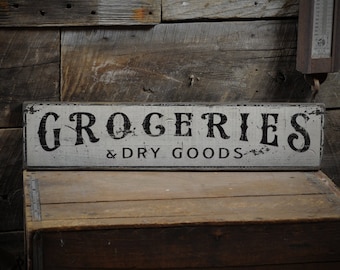 LARGE Rustic Wood Sign GROCERIES AND DRY GOODS Country Farm KITCHEN Distressed 