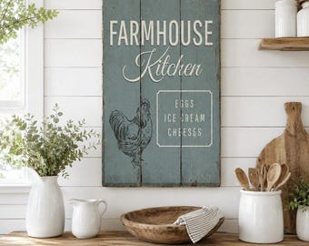 Farmhouse Kitchen Sign | Rooster Wood Sign, Rustic Farmhouse Kitchen Wall Decor, Dining Room Wall Decor Sign