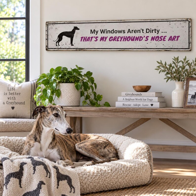 Greyhound-skylt, rolig noskonst rustik trähunddekoration, vintage väggbonad för mudroomkök, hundmammapresentidé bild 6