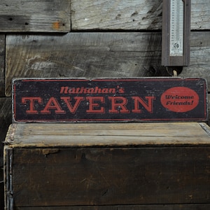 Tavern Wood Sign, Personalized Bar Owner Sign, Custom Distressed Welcome Friends Bar Decor - Rustic Hand Made Vintage Wooden Sign Decoration