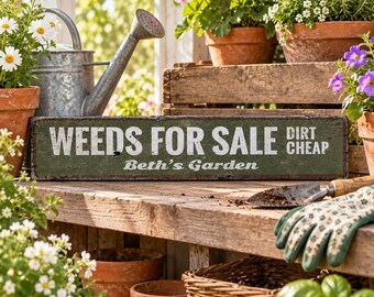 Puede incluir: Un letrero rectangular verde con texto blanco que dice WEEDS FOR SALE DIRT CHEAP y Beth's Garden en una fuente cursiva. El letrero tiene un acabado desgastado y envejecido, colocado sobre una superficie de madera entre varias plantas y herramientas.