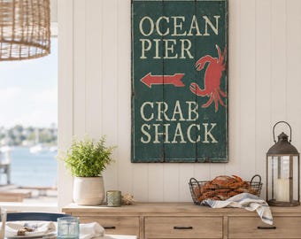 Crab Shack Sign, Personalized Pier Name Wood Decor With Arrow, Rustic Vertical Crab Wall Decor for the Beach House, Crab Lover Gift