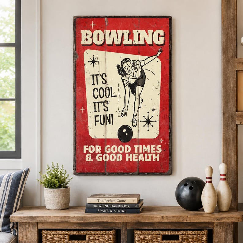 May include: A rectangular red wall sign featuring a black and white illustration of a person bowling. The text reads BOWLING, IT'S COOL. IT'S FUN!, and FOR GOOD TIMES & GOOD HEALTH. The design includes star accents and a distressed, weathered finish.