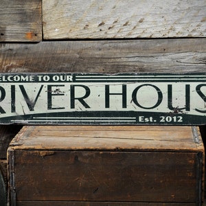 Custom River House Welcome Sign, Rustic Handcrafted River House Decor, Personalized Est Date River Sign, Distressed Wood River House Gift