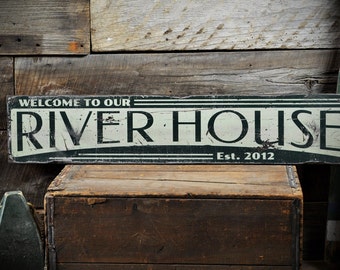 Custom River House Welcome Sign, Rustic Handcrafted River House Decor, Personalized Est Date River Sign, Distressed Wood River House Gift