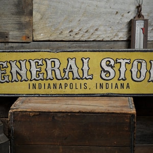 General Store City State Wood Sign, Custom Store Location Name Sign, Kitchen Home Decor - Rustic Hand Made Vintage Wooden Sign Decor