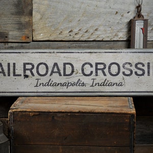 Railroad Crossing Wood Sign, Personalized Location City State Name Decor, Train Lover Gift - Rustic Hand Made Vintage Wooden Sign Decoration