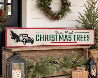 Letrero de madera con diseño de árboles de Navidad frescos de granja, decoración navideña rústica con camión vintage desgastado, letrero navideño estilo granja, letrero personalizado