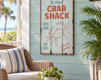Znak „Crab Shack”, rustykalny wystrój z drewna z owocami morza w stylu nadmorskim, dekoracja ścienna do kuchni w domku na plaży, prezent dla miłośnika gotowania krabów do apartamentu na plaży