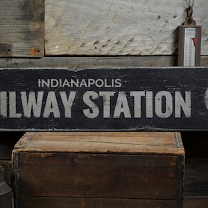 Railway Station Wood Sign, Custom Location Arrow City State Name Decor, Train Lover Gift - Rustic Hand Made Vintage Wooden Sign Decor