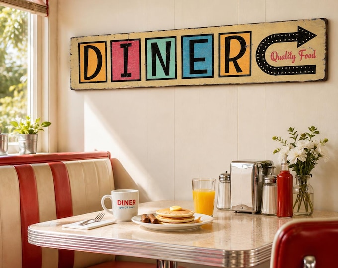 Diner Arrow Sign | Retro Kitchen Wood Sign, Mid Century Diner Wall Decor, Rustic 1950s Cafe Sign, Breakfast Nook
