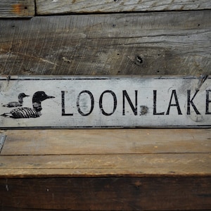 Letrero personalizado de casa en el lago Loon: letrero rústico vintage de madera hecho a mano, regalo decorativo