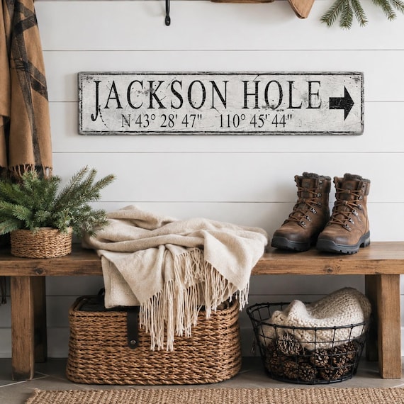 Jackson Hole Sign, Wyoming Coordinates Wood Sign, Rustic Mountain Cabin Wall Decor, Ski Town Latitude Longitude Sign, Wyoming Gift