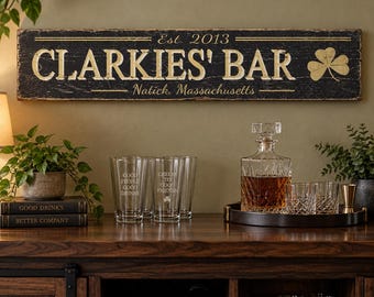 Custom Bar Sign, Personalized Name City And Est Year Wood Decor, Rustic Shamrock Home Pub Wall Hanging, Basement Bar Gift