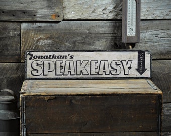 Custom Speakeasy Downstairs Arrow Sign - Rustic Hand Made Vintage Wooden Sign