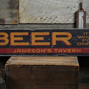 Beer It&#39;s What&#39;s For Dinner Wood Sign, Personalized Bar Owner Name Tavern Home Pub Decor - Rustic Hand Made Vintage Wooden Sign Decoration