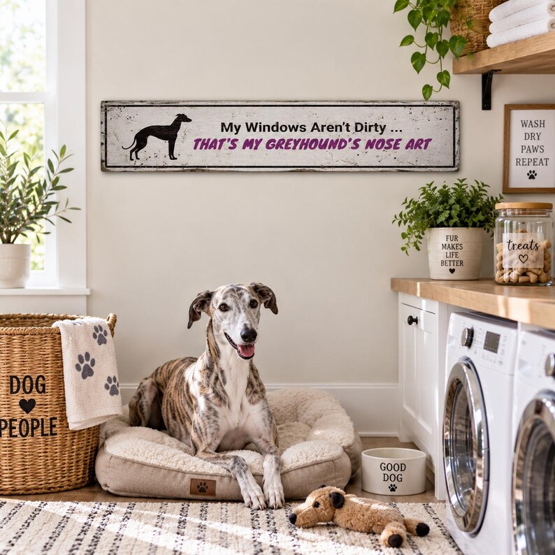 Greyhound-skylt, rolig noskonst rustik trähunddekoration, vintage väggbonad för mudroomkök, hundmammapresentidé bild 4