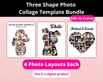 Paquete único de plantillas de collage de fotos, plantilla de visualización de fotos editables, recuerdo de fotos en forma, regalo de fotos único, póster de collage imprimible