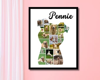 Peut inclure: Un collage photo encadré en forme de chien, présentant plusieurs images d'un Golden Retriever. Le nom "Pennie" est écrit en cursive en haut. Le cadre est noir et le fond est blanc.
