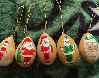 Set of Five Whimsical Santa Hand-Painted Gourd Christmas Ornaments  www.handpaintedgourds.com by Artist Sandy Short from Santa Fe, NM.