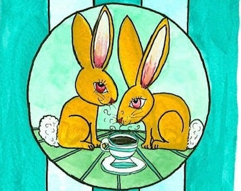 Rabbits drinking coffee, digital download,  drinking coffee, drinking tea, cottontail, bunny watercolor,  bunny lover, artist Sandy Short