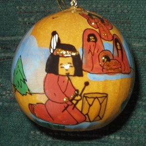 LITTLE DRUMMER BOY Hand-painted gourd ornament www.hand-paintedgourds.com Christmas Ornament by Sandy Short, Drum, and nativity, angel, boy image 1